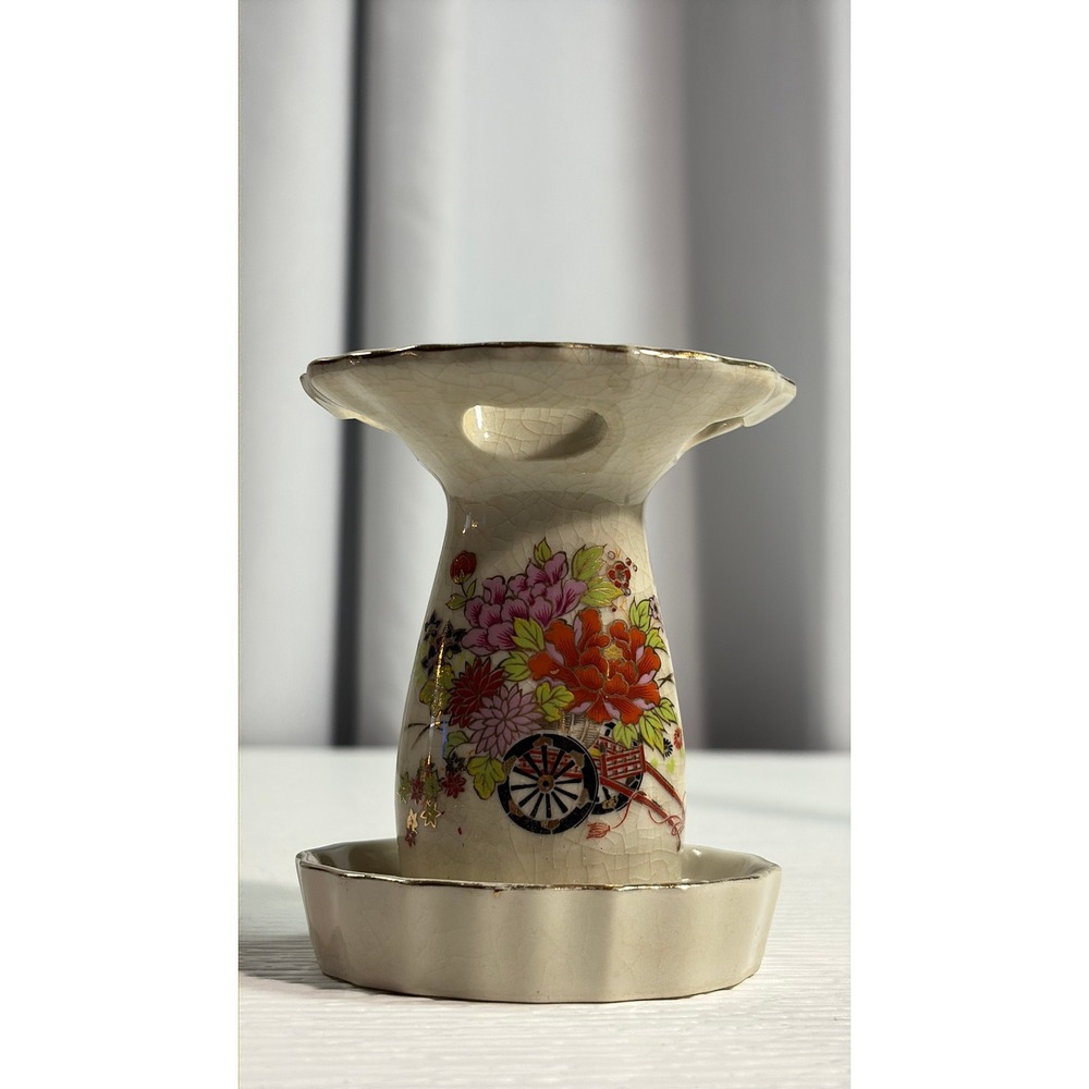 Vintage Kutani Japan Porcelain Incense Burner Floral Gold Trim 4" S0082